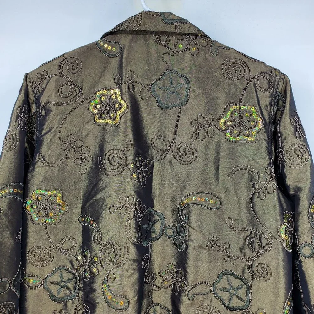 Susan Graver Style Green Floral Print Sequin Blazer Light Suit‎ Coat Large